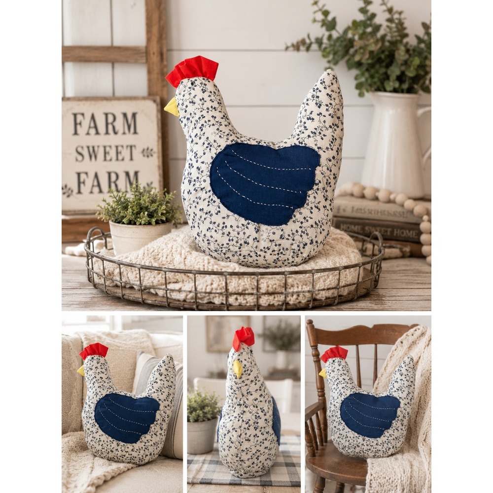Vtg Handmade Primitive Country Chicken Shelf Sitter Blue Floral Hen Plush